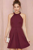 Cheap A Line Burgundy Short Prom Dress Satin Knee Length Sleeveless Homecoming Dress PH600