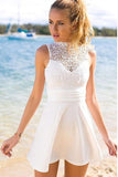 White Simple Short Cheap Open Back Sleeveless Cute Lace Graduation Homecoming Dress P6