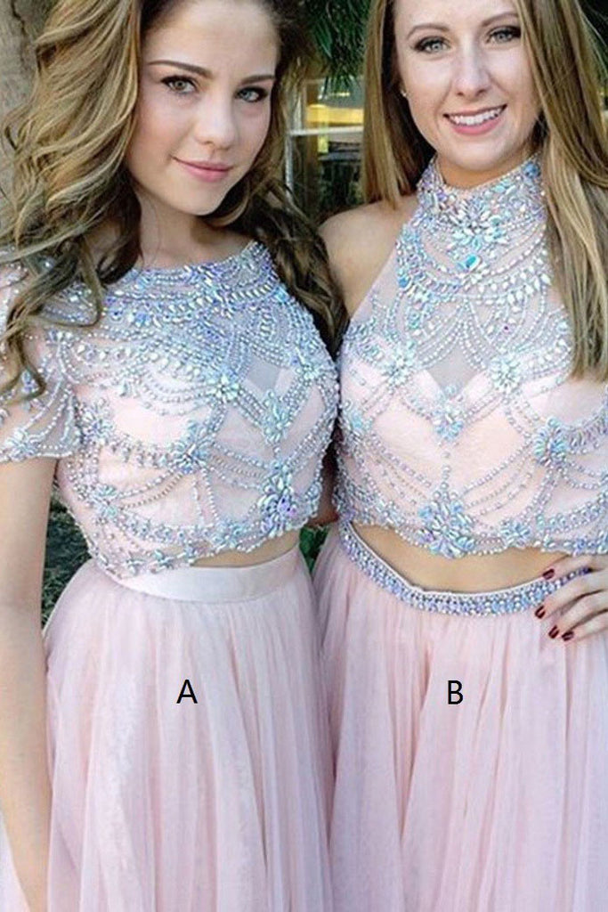 Tulle Scoop Neck A-line Floor-length with Beading Two Piece Short Sleeve Prom Dresses uk PM631