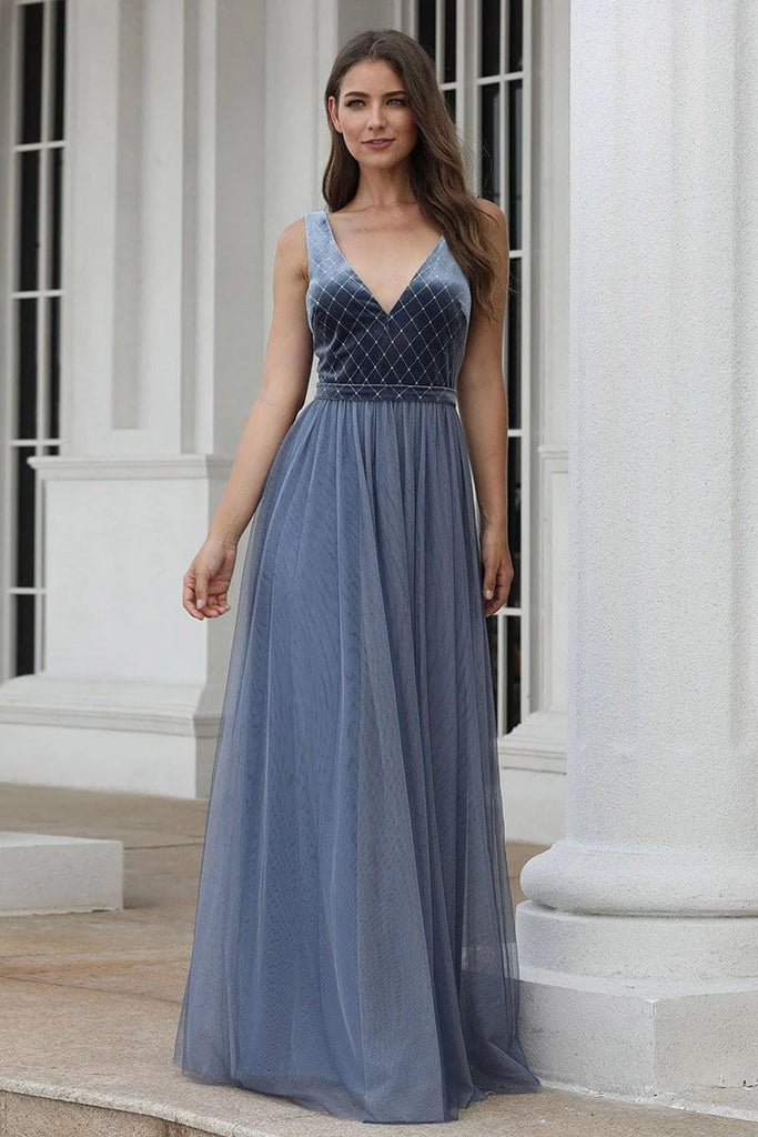 A-Line V-Neck Sleeveless Blue Floor-length Evening Dress Cheap Prom Dresses P1181