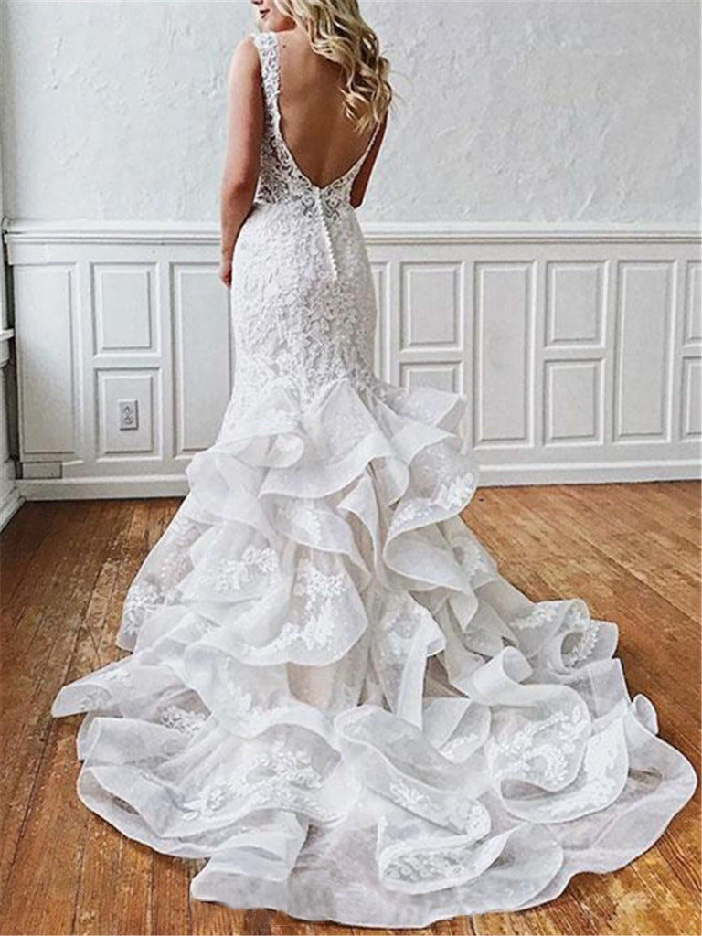 Stunning Mermaid Lace V-Neck Backless Wedding Dresses Straps Wedding Gowns W1108