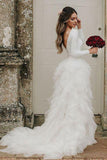 A Line Round Neck Asymmetric Tulle Open Back Long Sleeves Wedding Dress PW124