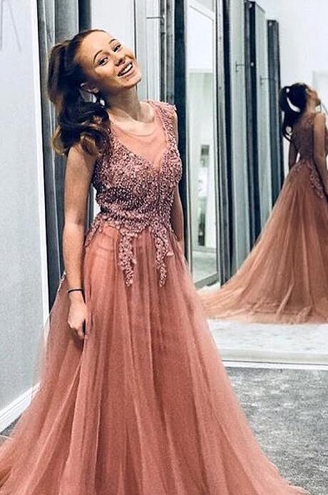A Line Beaded Long Rosy Brown Tulle Prom Dress Round Neck Evening Dress P1195