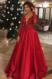 Elegant Long Sleeve Red Lace Beads Long Prom Dresses, A Line Satin Evening Dresses P1287