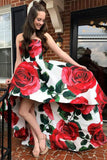 A Line Strapless High Low Red Rose Floral Satin Prom Dresses, Long Evening Dress P1438