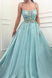 Elegant A Line Spaghetti Straps Tulle Scoop Prom Dresses with Appliques, Formal Dresses P1396