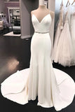Simple Spaghetti Straps V Neck Ivory Backless Mermaid Wedding Dresses, Bridal Dress W1269