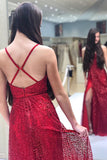Sparkly V-Neck A Line Red Spaghetti Straps Prom Dress with Slit Evening Dress P1468