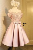 A Line Off the Shoulder Short Prom Dress,Appliques Bowknot Lace Homecoming Dress PH854