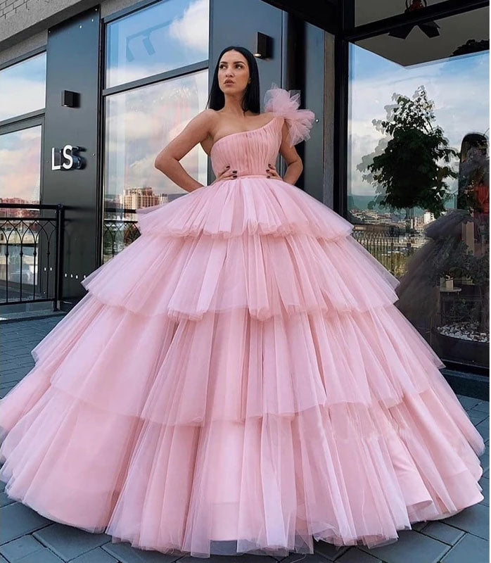 Charming Ball Gown Tulle Pink One Shoulder Prom Dress, Quinceanera ...