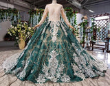 Green Long Sleeves Ball Gown Lace Prom Dresses with Appliques Long Quinceanera Dresses P1137
