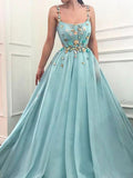 Elegant A Line Spaghetti Straps Tulle Scoop Prom Dress with Appliques Formal Dress P1396