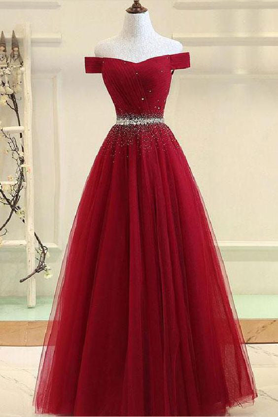 A Line Burgundy Off the Shoulder Lace up Tulle Sweetheart Long Prom Dresses uk PW141