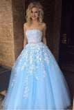 A Line Sky Blue Strapless Lace Appliques Tulle Beads Pockets Floor Length Prom Dresses UK PH770