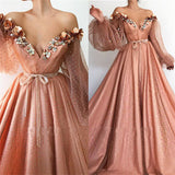 Stunning Long Sleeve Sexy Off the Shoulder Tulle Beading Prom Dress V-Neck Party Dress P1265