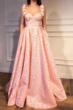 A Line Pink Sweetheart Lace Prom Dresses with Lace Appliques, Long Dance Dresses P1551