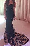 Mermaid Sweetheart Sweep Train Tulle Satin Black with Appliques Lace Prom Dresses uk PM625