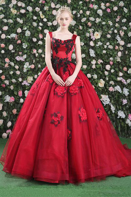Gorgeous Ball Gowns Red Flowers Scoop Sleeveless Tulle Lace up Beads Prom Dresses uk PH299
