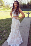 Mermaid Lace Sweep Train Pearl Pink Scoop Beads Two Piece New Style Prom Dresses uk PH300