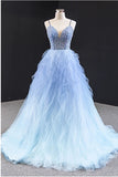 Simple Light Blue Tulle Beaded Long Open Back Ruffles Prom Dress, Evening Dress P1554