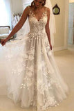 Elegant A Line V-Neck Tulle Lace Appliques Open Back Ivory Wedding Dress PW114