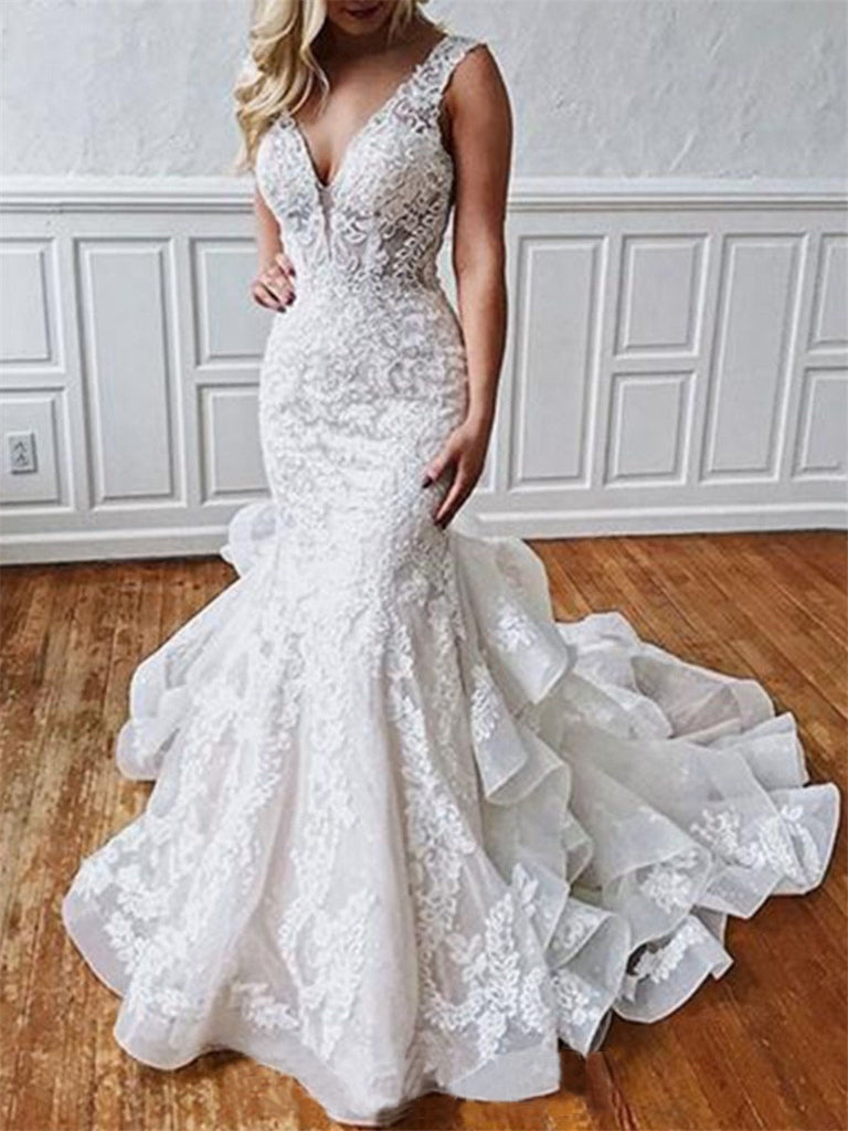 Stunning Mermaid Lace V-Neck Backless Wedding Dresses Straps Wedding Gowns W1108