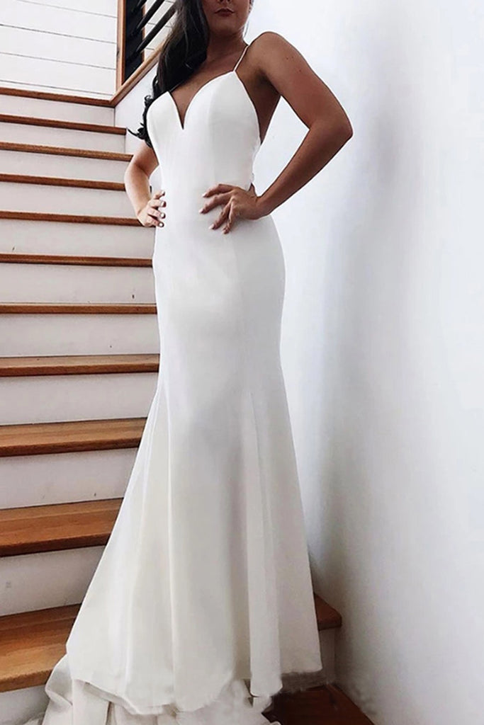 Princess Spaghetti Straps Backless V-Neck Mermaid Wedding Dress Bridal Dress W1116