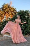 Elegant A Line Tulle Pink V Neck Beads Prom Dresses, Long Evening Dresses P1520