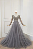 A Line Long Sleeves V Neck Gray Tulle Prom Dresses with Beading, Evening Dress W1430
