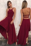 Unique A Line Burgundy High Low Sleeveless Backless Prom Dresses, Cheap Evening Dresses P1341
