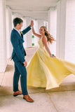 Unique A Line Yellow Satin Prom Dresses with Pockets, Simple Formal Dresses P1501