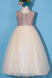 Princess Gold Sequin Shiny Round Neck Flower Girl Dresses with Bowknot, Baby Dresses FG1022