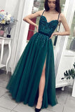 Charming A Line Green Tulle Spaghetti Straps Beading Prom Dresses V Neck Evening Dresses P1395