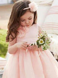 Cute Pink Floor Length Round Neck Tulle Flower Girl Dress with Sash  FG1023