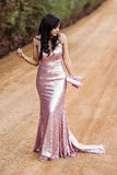 Sparkly Spaghetti Straps Rose Gold V Neck Prom Dresses with Sequins, Dance Dresses P1392