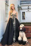 Mermaid V Neck Gold and Black Long Prom Dresses With Appliques, Formal Gowns P1386
