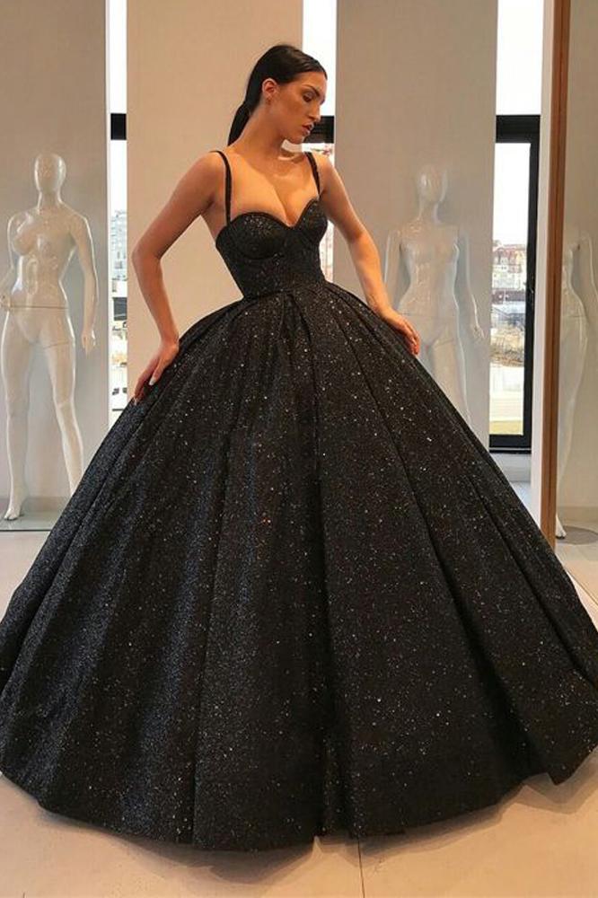 Spaghetti Straps Black Sweetheart Quinceanera Dresses, Ball Gown Sequins Prom Dresses P1263