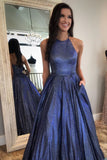 Charming Navy Blue Halter A Line Long Prom Dresses with Pockets, Evening Dresses P1535