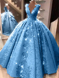 Ball Gown V-Neck Floor Length Prom Dress with Appliques Quinceanera Dress P1433
