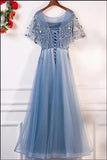 Elegant A Line Gray Blue Tulle Long Appliques Prom Dress Dance Dress P1553