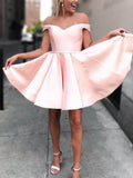 A Line Off the Shoulder Open Back Sweetheart Pink Satin Short Homecoming Dress PW03