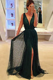 Sheath Deep V-Neck Sweep Train Dark Green Lace Sleeveless Prom Dress with Split Sequins PH697