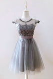 A Line Gray Cap Sleeves Lace up Appliques Tulle Scoop Short Homecoming Dresses uk PH882