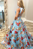 A Line Floral Two Piece Round Neck Sweep Train Blue Organza Prom Dresses uk PW182