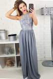 Charming A-Line Round Neck Split Front Grey Satin Sleeveless Prom Dresses UK with Lace PH442