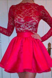 High Neckline Long Sleeves Red Lace Top Short Prom Dresses, Homecoming Dresses H1349