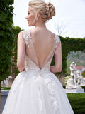 New Style A Line Scoop Neck Tulle Appliques Lace Court Train Backless Wedding Dresses PM633
