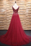 Simple A-Line Burgundy V-Neck Beads Tulle Long Sleeveless Slit Backless Prom Dresses uk PH241
