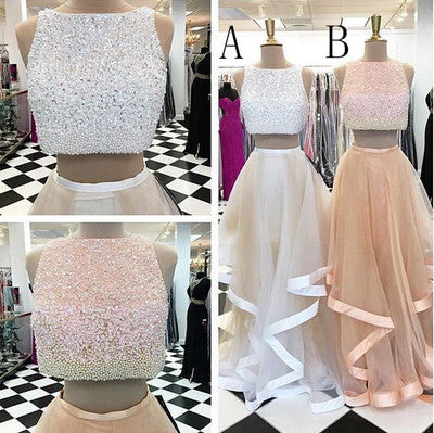 Pretty Two Pieces Beading Tulle Prom Dresses Beads Prom Gowns,Cheap Prom Dress PW545