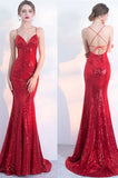 Sexy V-Neck Red Mermaid Spaghetti Straps Sparkly Backless Sleeveless Sequins Evening Dresses uk PH242